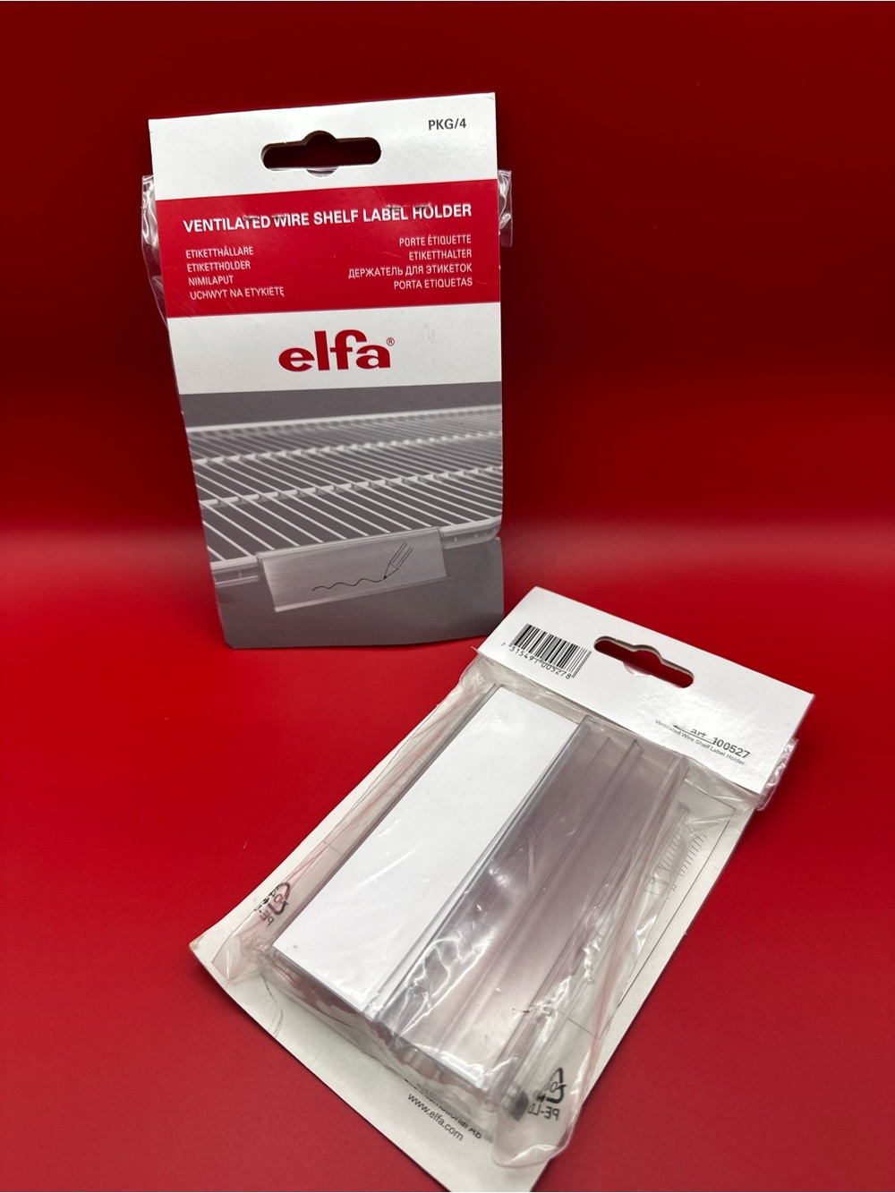 ELF Red and White Ventilated Wire Shelf Label Holder Packaging